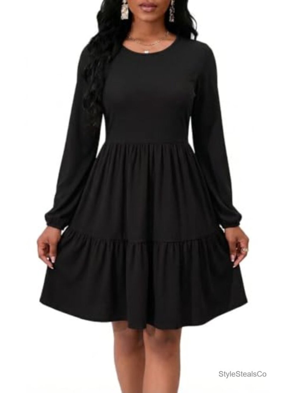 Women's A-Line Midi Dress Long Sleeve Crewneck Tiered Pleated Fall Winter